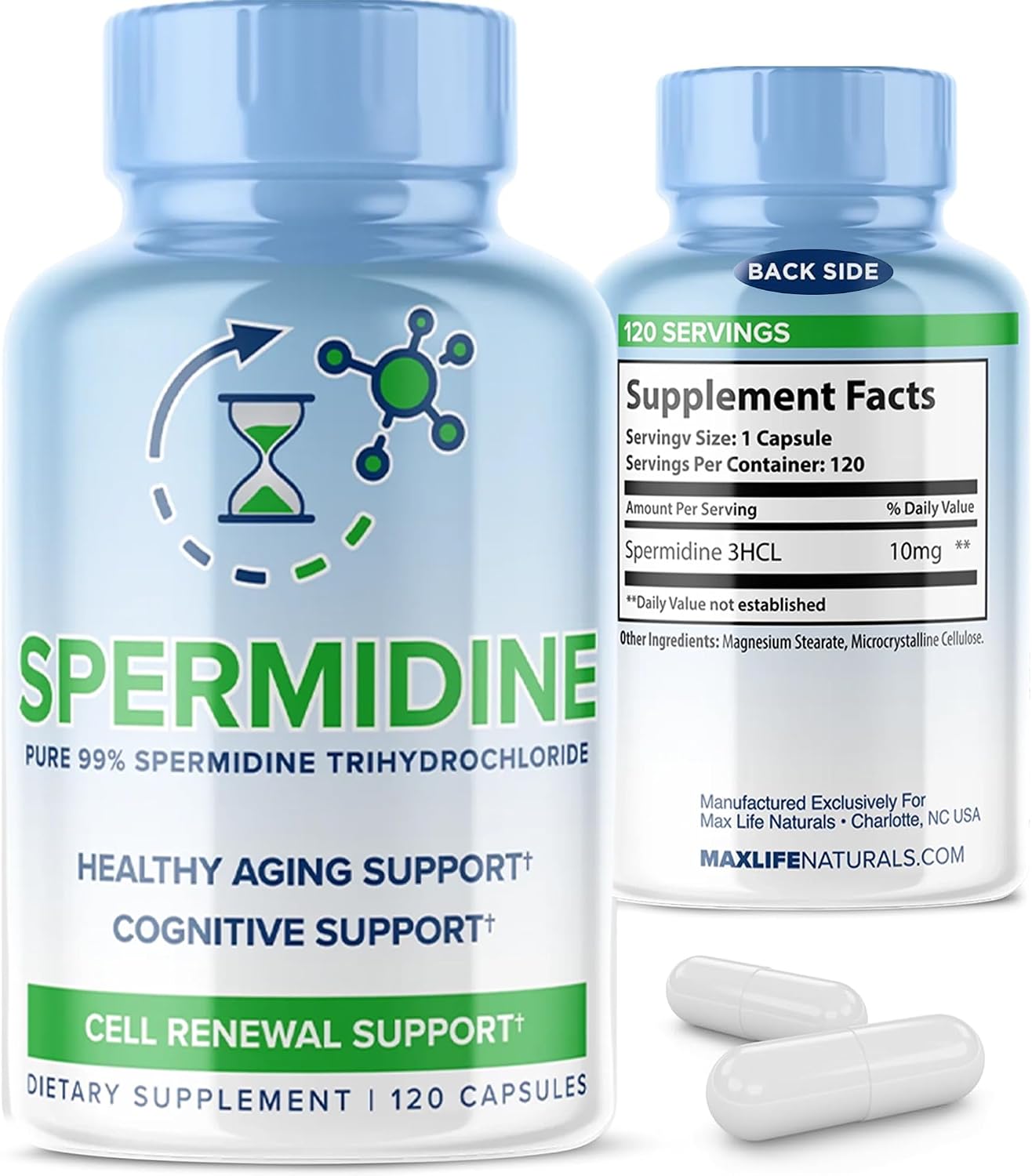 MAXLIFE NATURALS Spermidina 10mg con Trihidrocloruro 3HCL - 120 Cápsulas