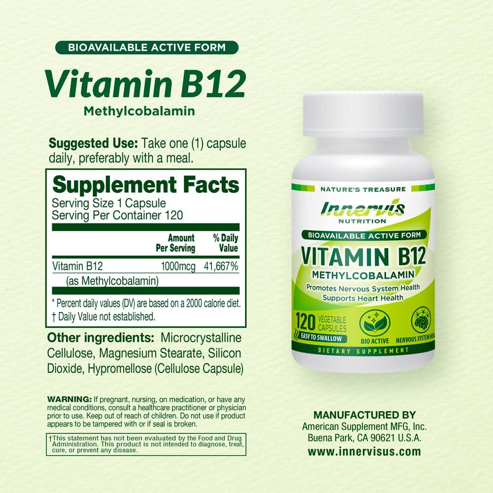 Metilcobalamina 1000 mcg - 120 Cápsulas - Vitamina B12 Vegana Innervis Nutrition