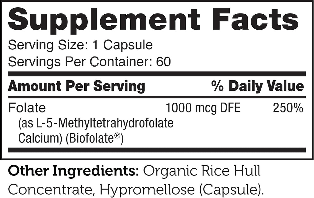 Zahler Methylfolate - Metilfolato 1000 mcg DFE (L-Metilfolato) - 60 Cápsulas