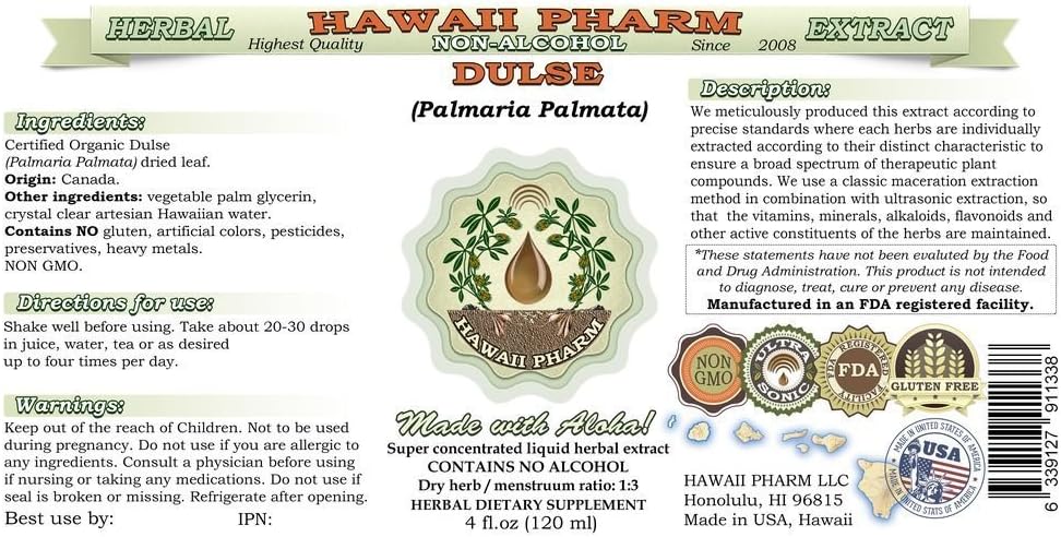 Hawaii Pharm Extracto Líquido de Dulse sin Alcohol - Glicerita de Dulse (Palmaria Palmata) 2x946 ml