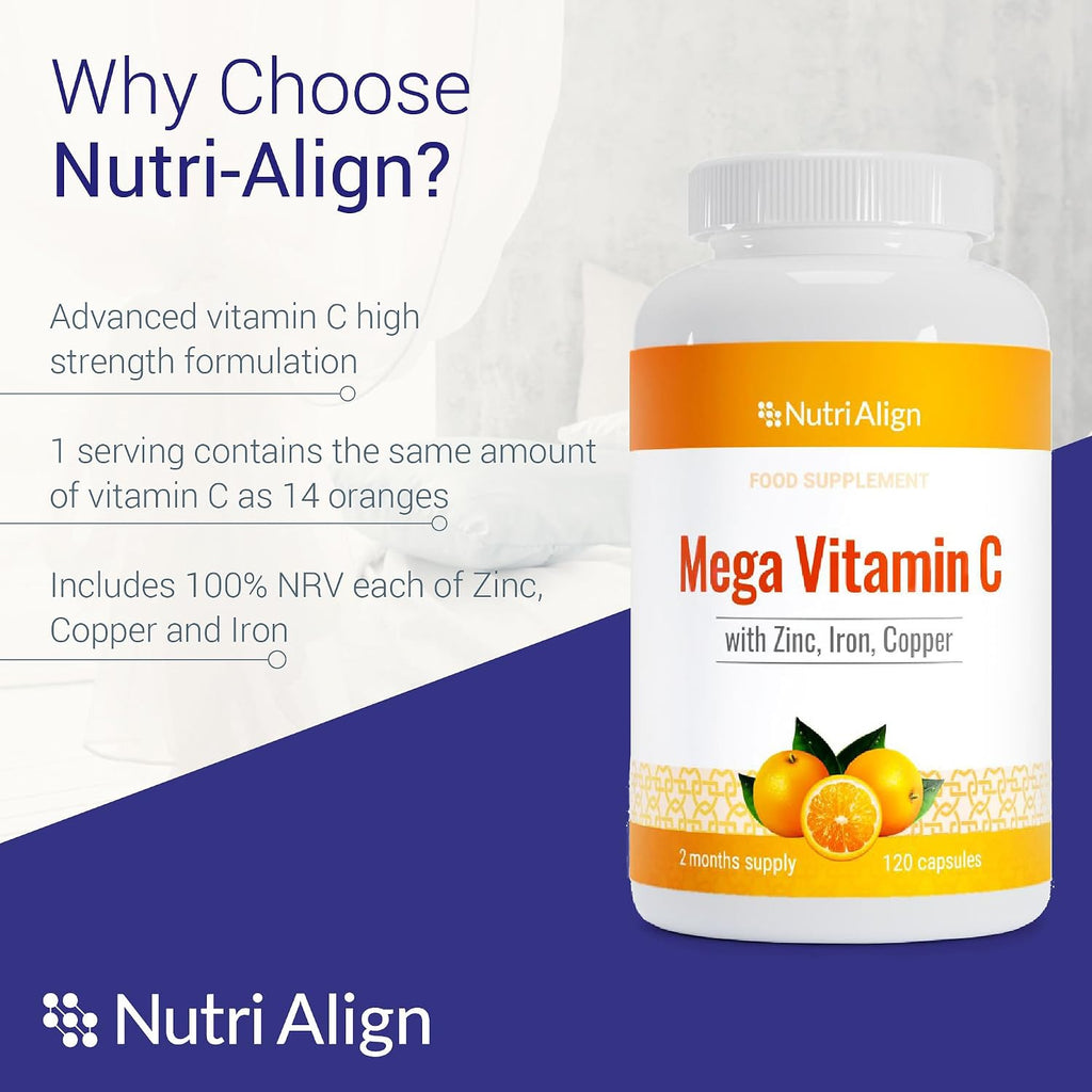 Nutri-Align Mega Vitamin C - 120 Cápsulas de Vitamina C 1000mg con Zinc, Hierro y Cobre