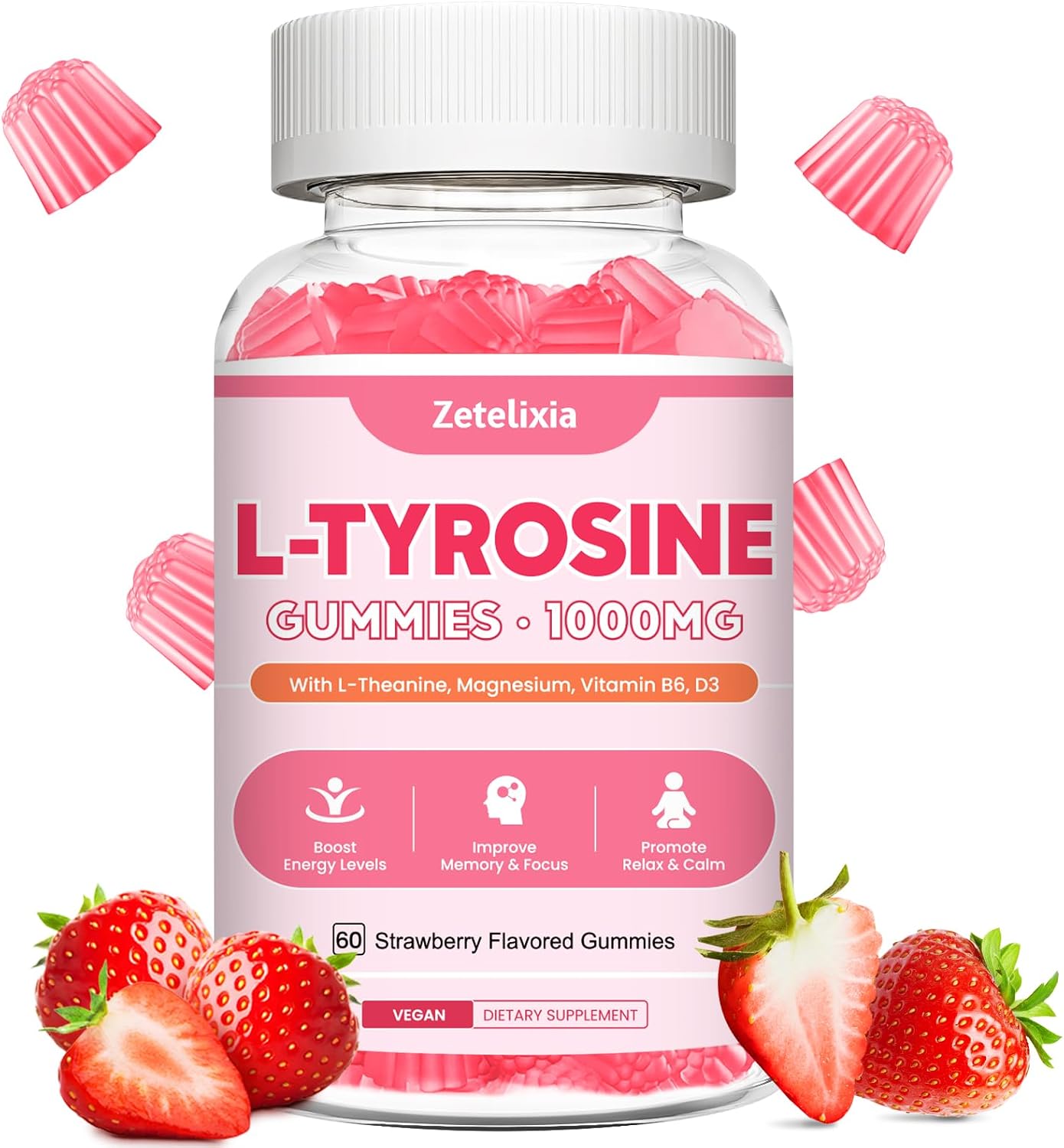 Gominolas de L-Tirosina 10-en-1, 2 Paquetes - Suplemento de Tirosina con L-Teanina, B6, D3, Zinc - Apoyo Cognitivo, Memoria, Energía y Estado de Ánimo - Sabor Fresa, 120 unidades