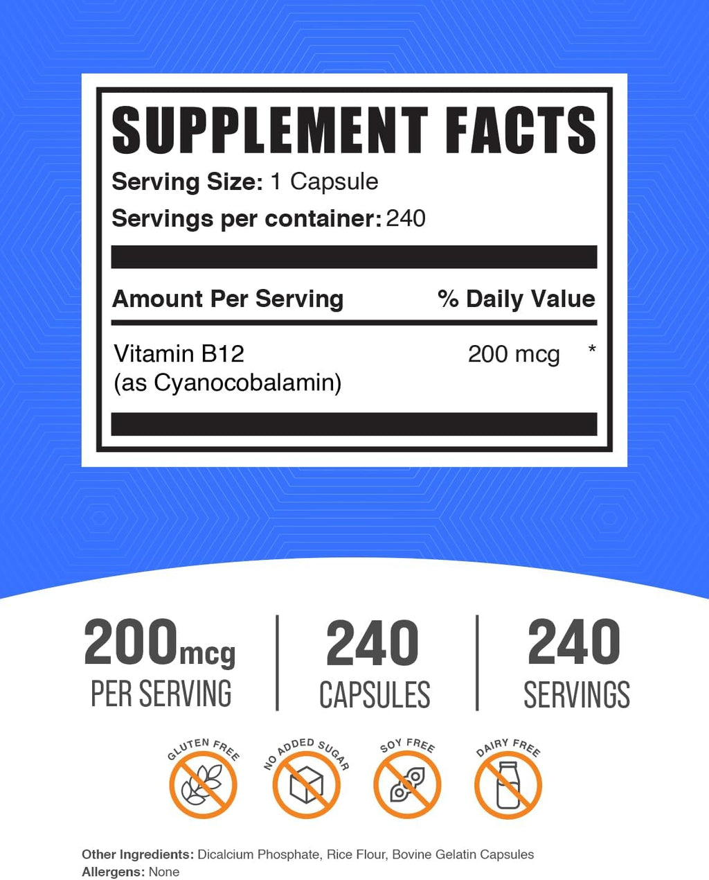 BulkSupplements Vitamina B12 200 mcg - 240 Cápsulas de Cianocobalamina