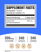 BulkSupplements Vitamina B12 200 mcg - 240 Cápsulas de Cianocobalamina