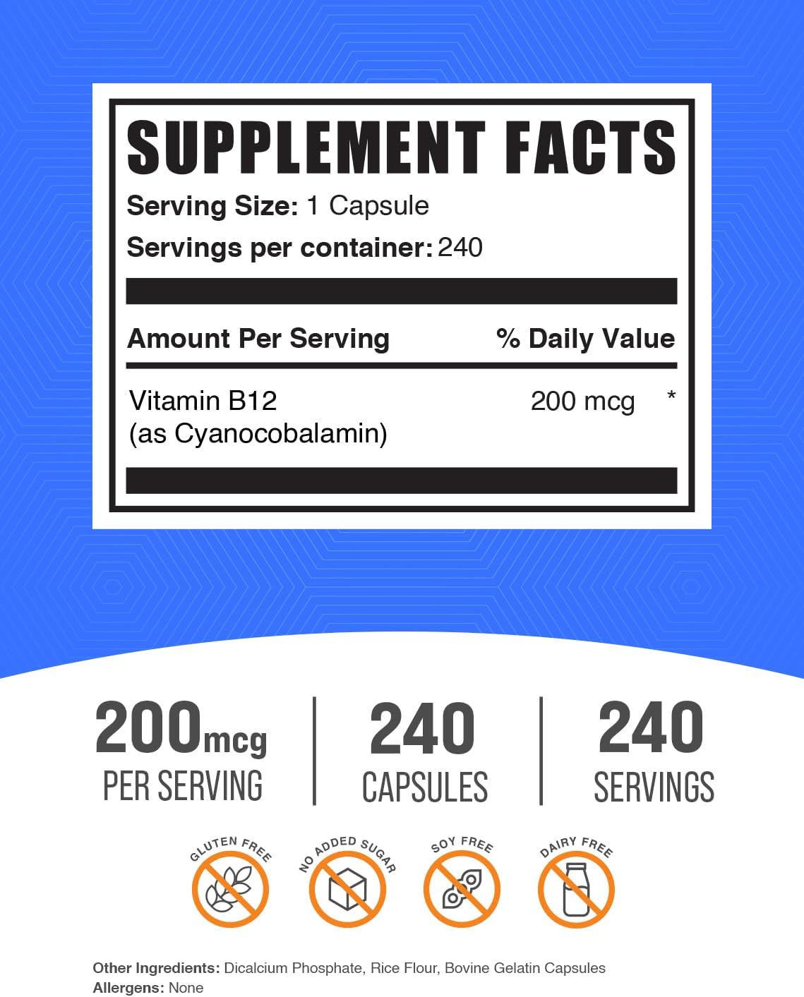 BulkSupplements Vitamina B12 200 mcg - 240 Cápsulas de Cianocobalamina