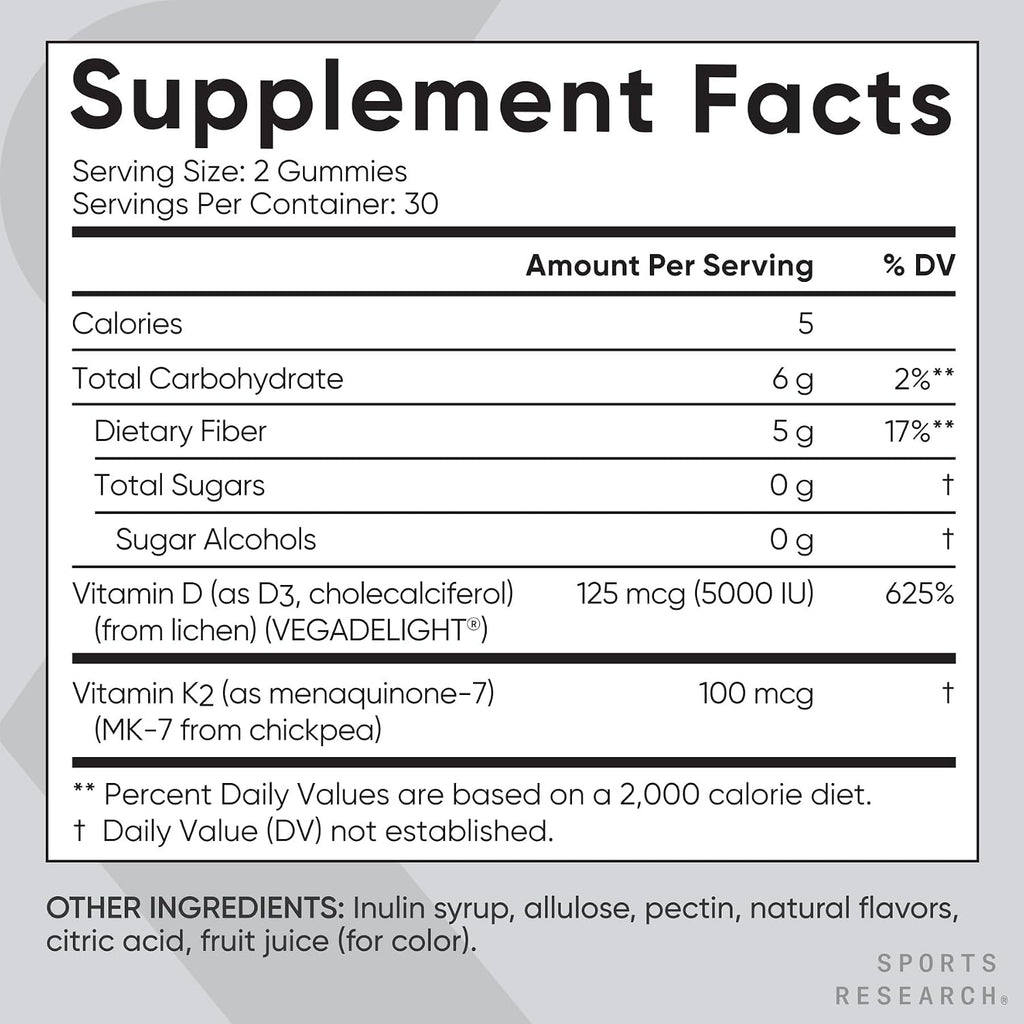 Sports Research Vitamina D3 + K2 Gominolas Veganas Sin Azúcar - 5000 UI D3 + 100 mcg MK-7 - 60 unidades