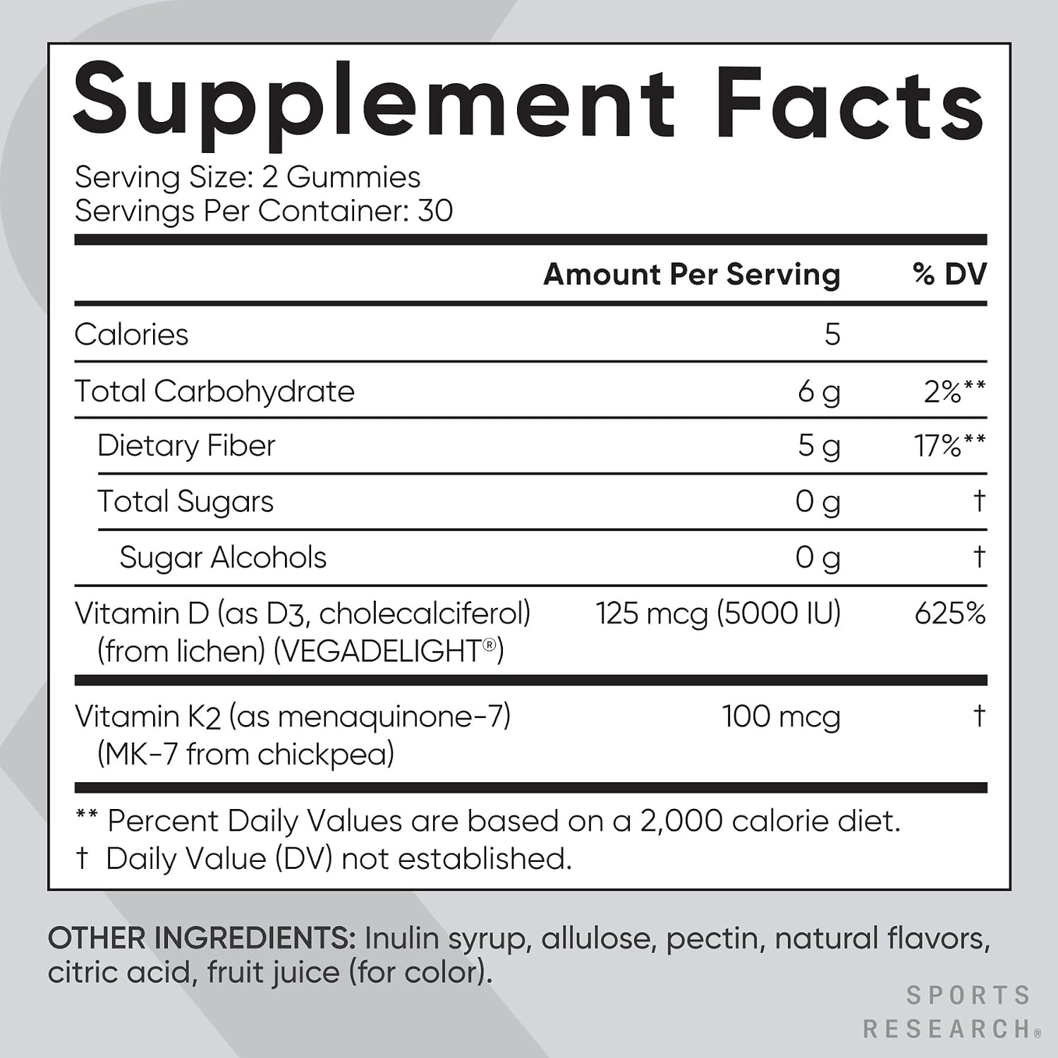 Sports Research Vitamina D3 + K2 Gominolas Veganas Sin Azúcar - 5000 UI D3 + 100 mcg MK-7 - 60 unidades