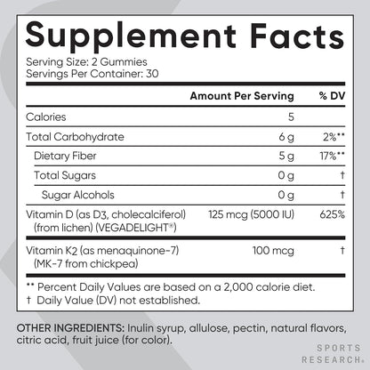 Sports Research Vitamina D3 + K2 Gominolas Veganas Sin Azúcar - 5000 UI D3 + 100 mcg MK-7 - 60 unidades – Image 5