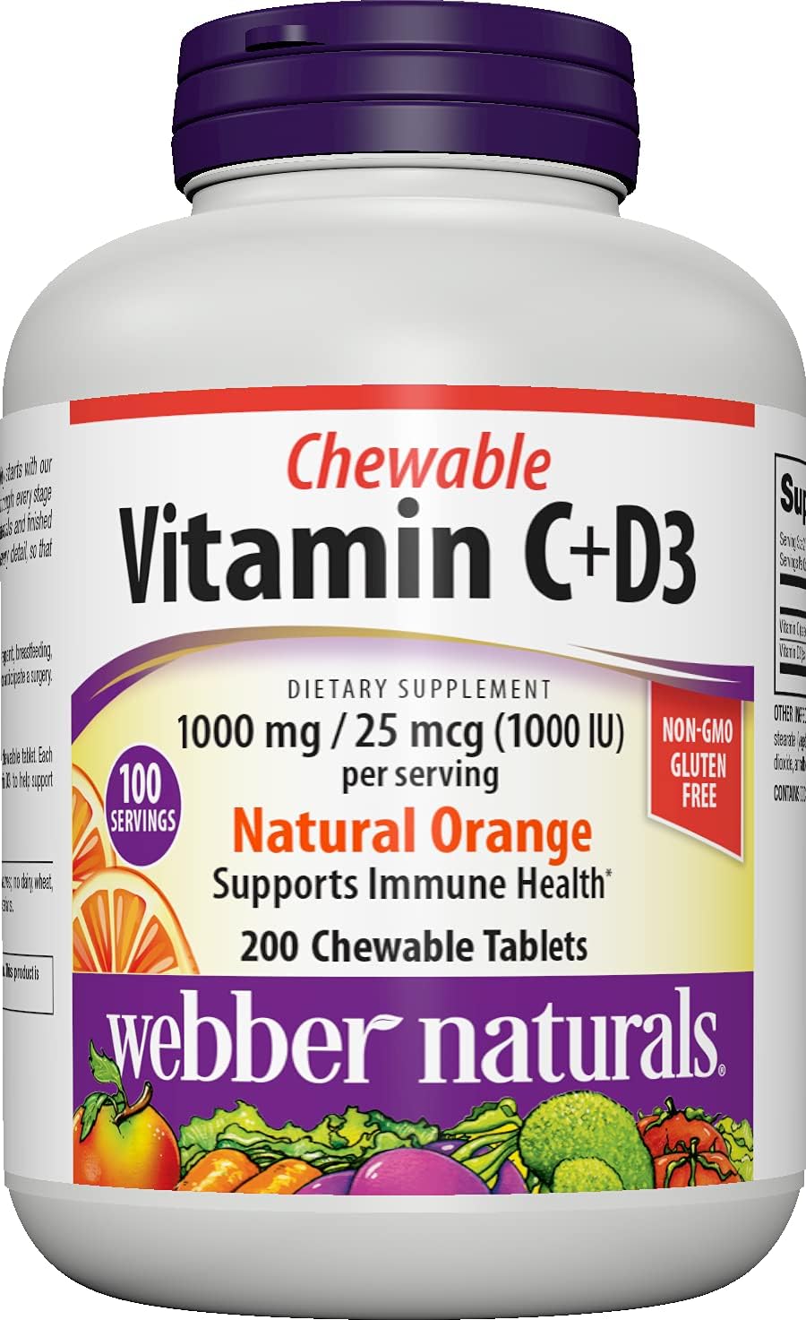 Webber Naturals Vitamina C + D3 Masticable, 200 Comprimidos - Sabor Naranja Natural, 1000 mg de Vitamina C y 1000 UI de Vitamina D3 por Dosis