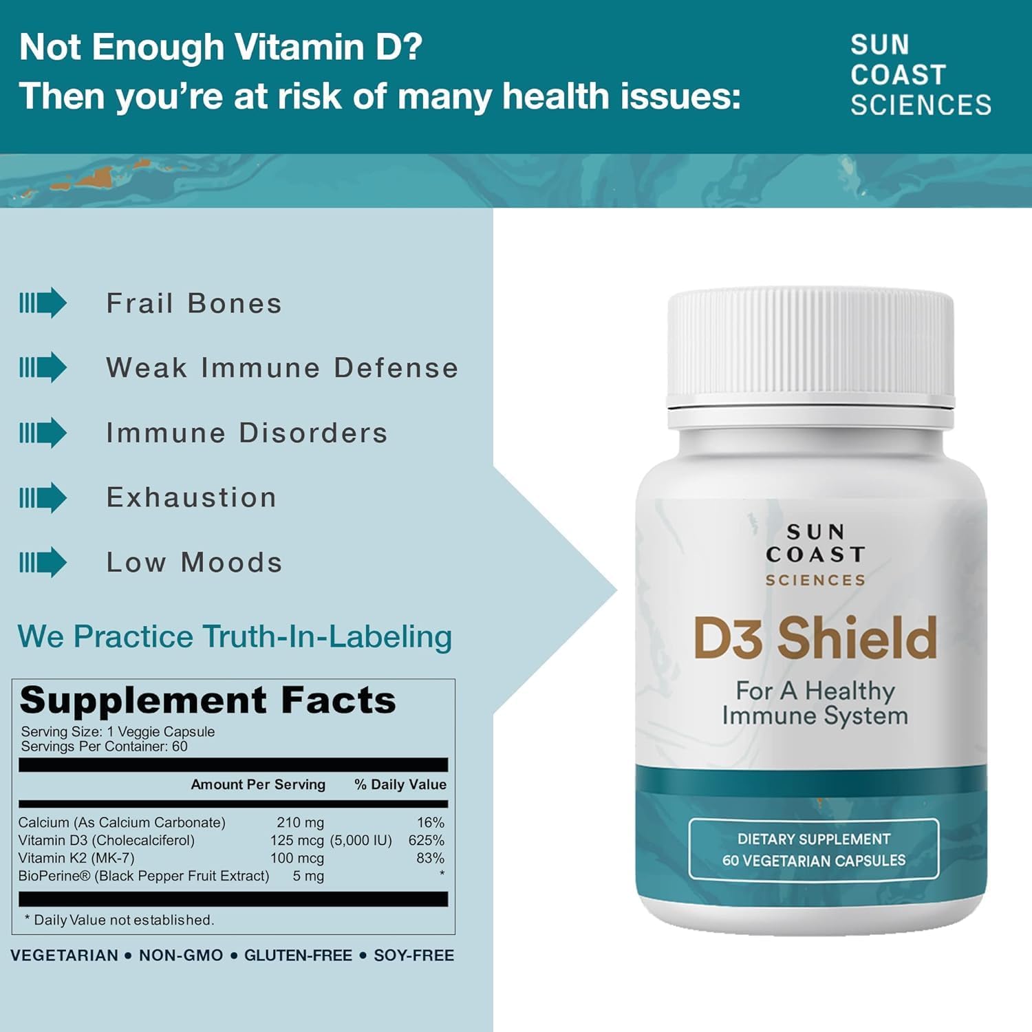 D3 Shield - Vitamina D3 5000 UI con K2 MK-7 y Calcio - 60 Cápsulas Vegetales