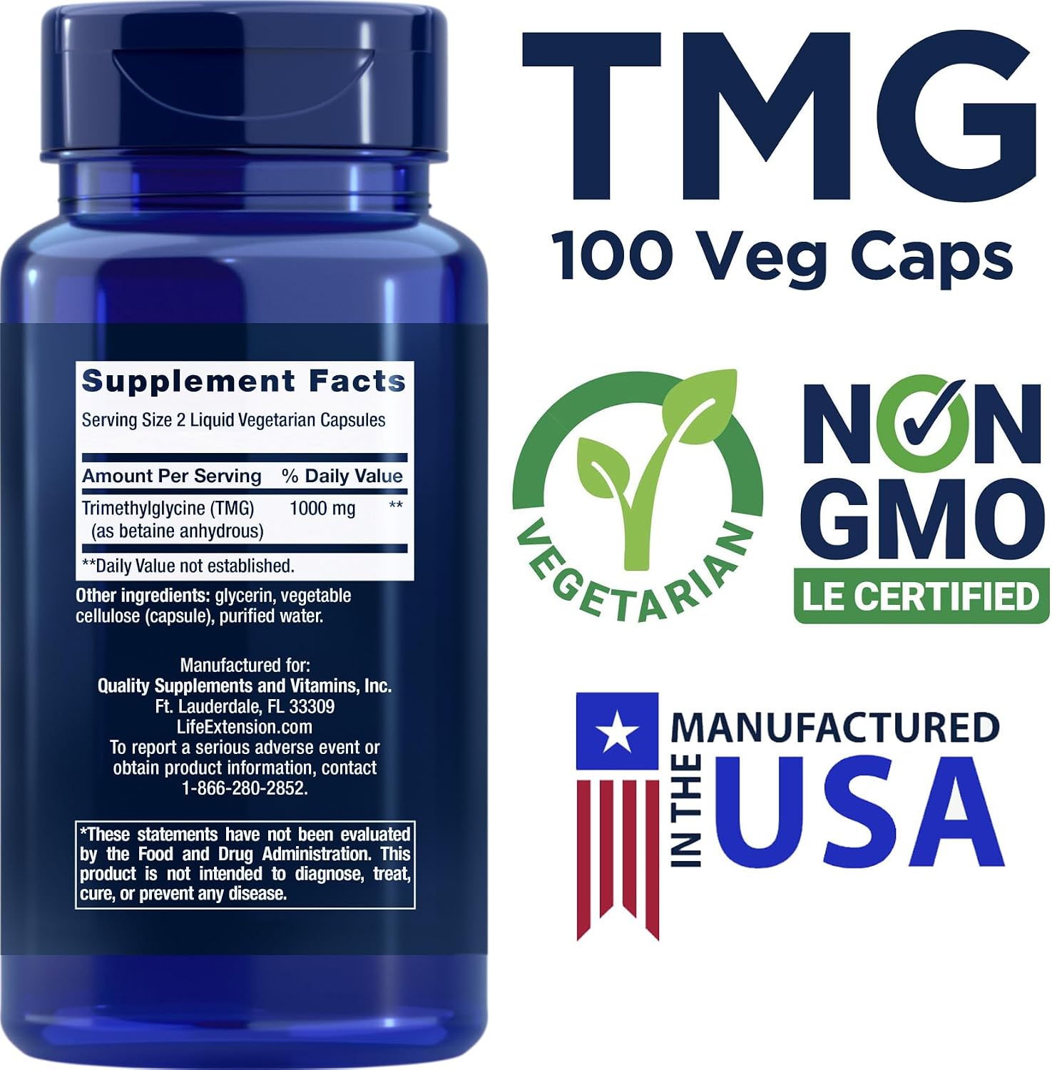 Life Extension TMG 500 mg, 100 Cápsulas Vegetales Líquidas - Trimetilglicina (Betaína) - Sin Gluten, No GMO, Vegetariano