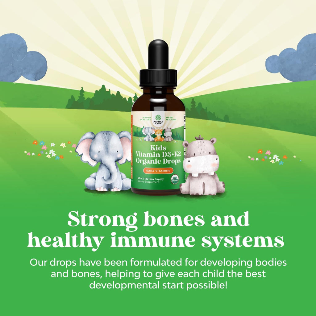 Natures Craft Gotas de Vitamina D3 y K2 para Niños - Suplemento Líquido Orgánico, 2 fl oz
