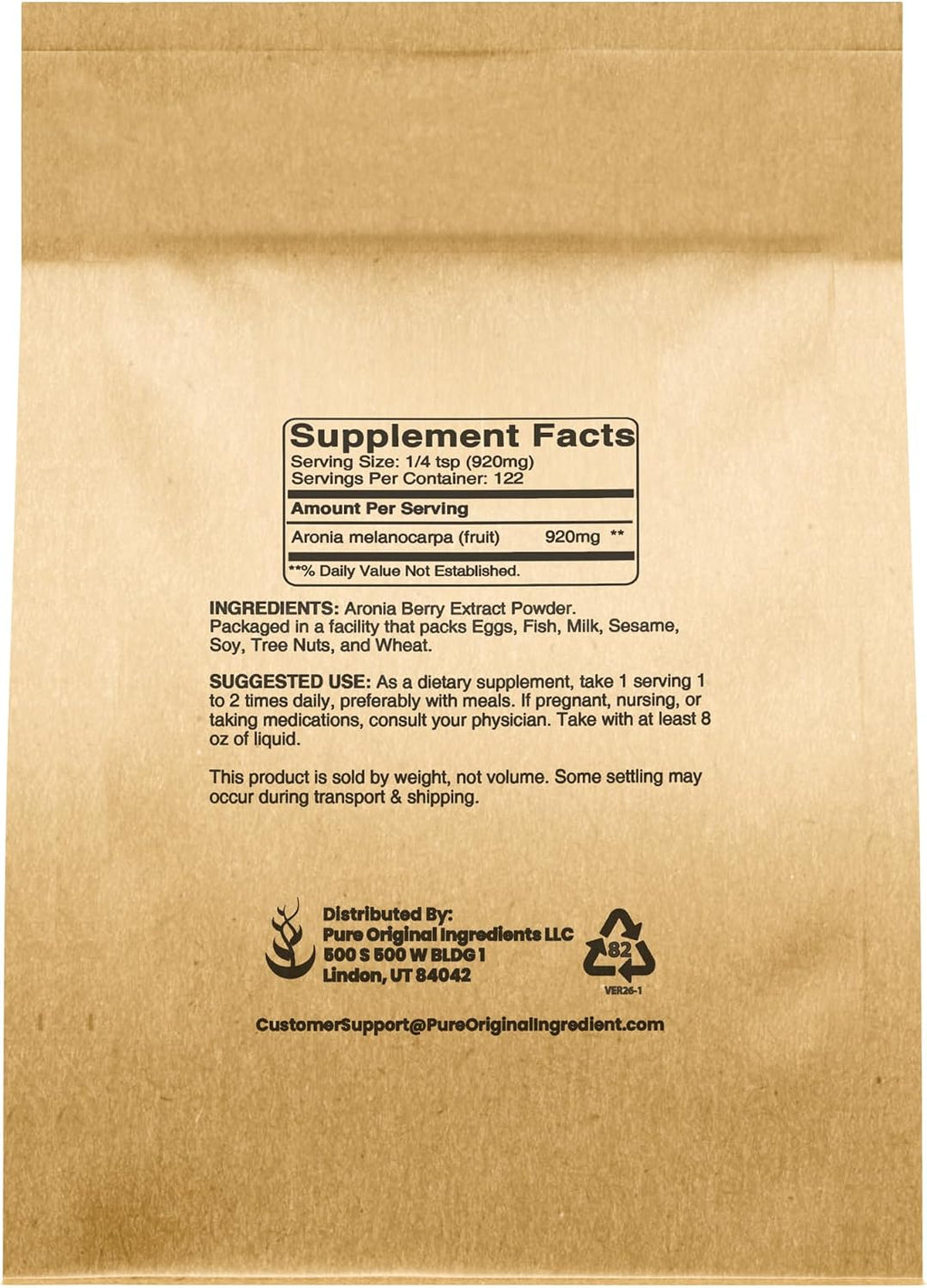 PURE ORIGINAL INGREDIENTS Polvo de Aronia (113 g) - Extracto de Fruta Puro, Sin Aditivos ni Rellenos