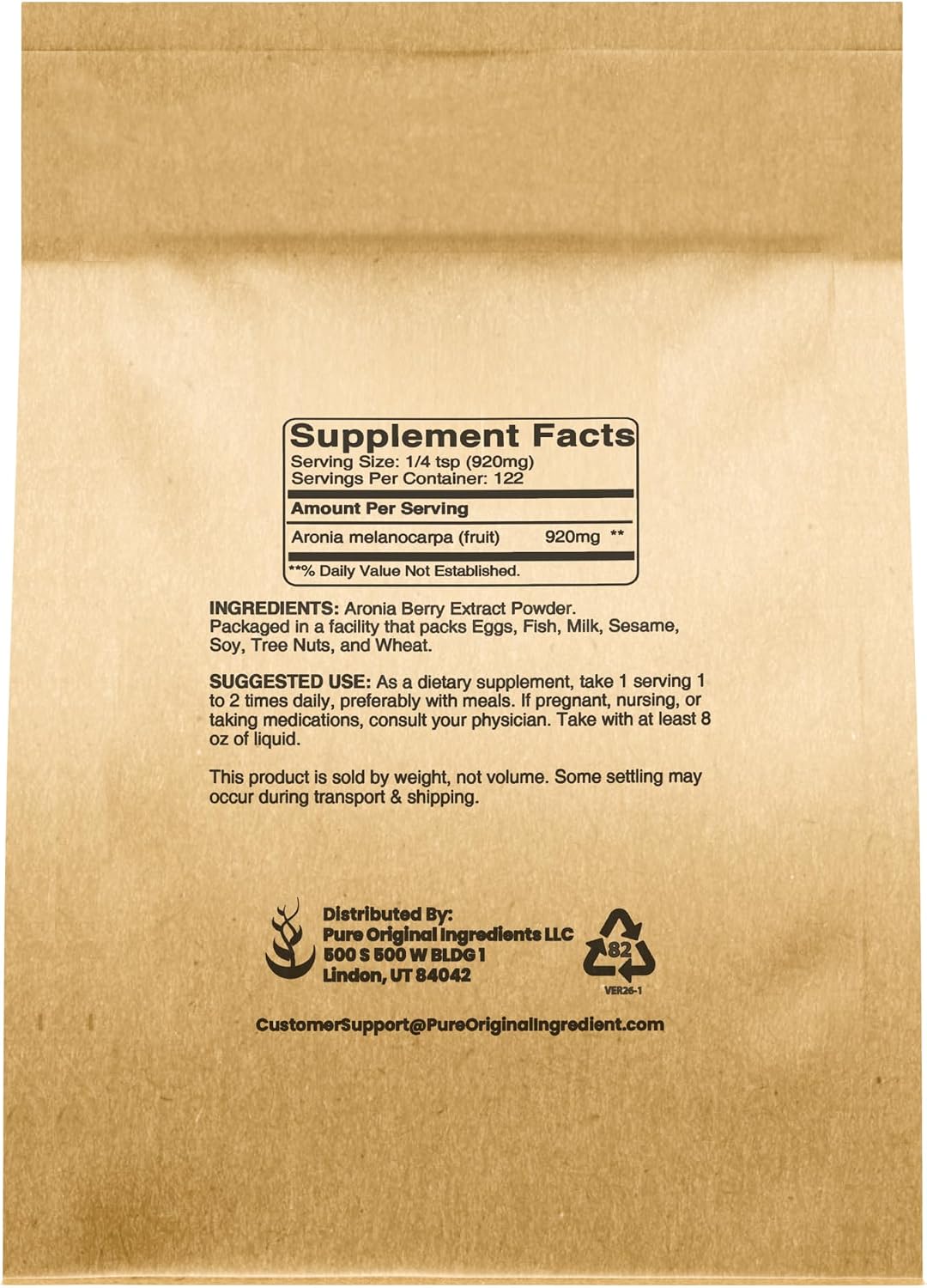 PURE ORIGINAL INGREDIENTS Polvo de Aronia (113 g) - Extracto de Fruta Puro, Sin Aditivos ni Rellenos