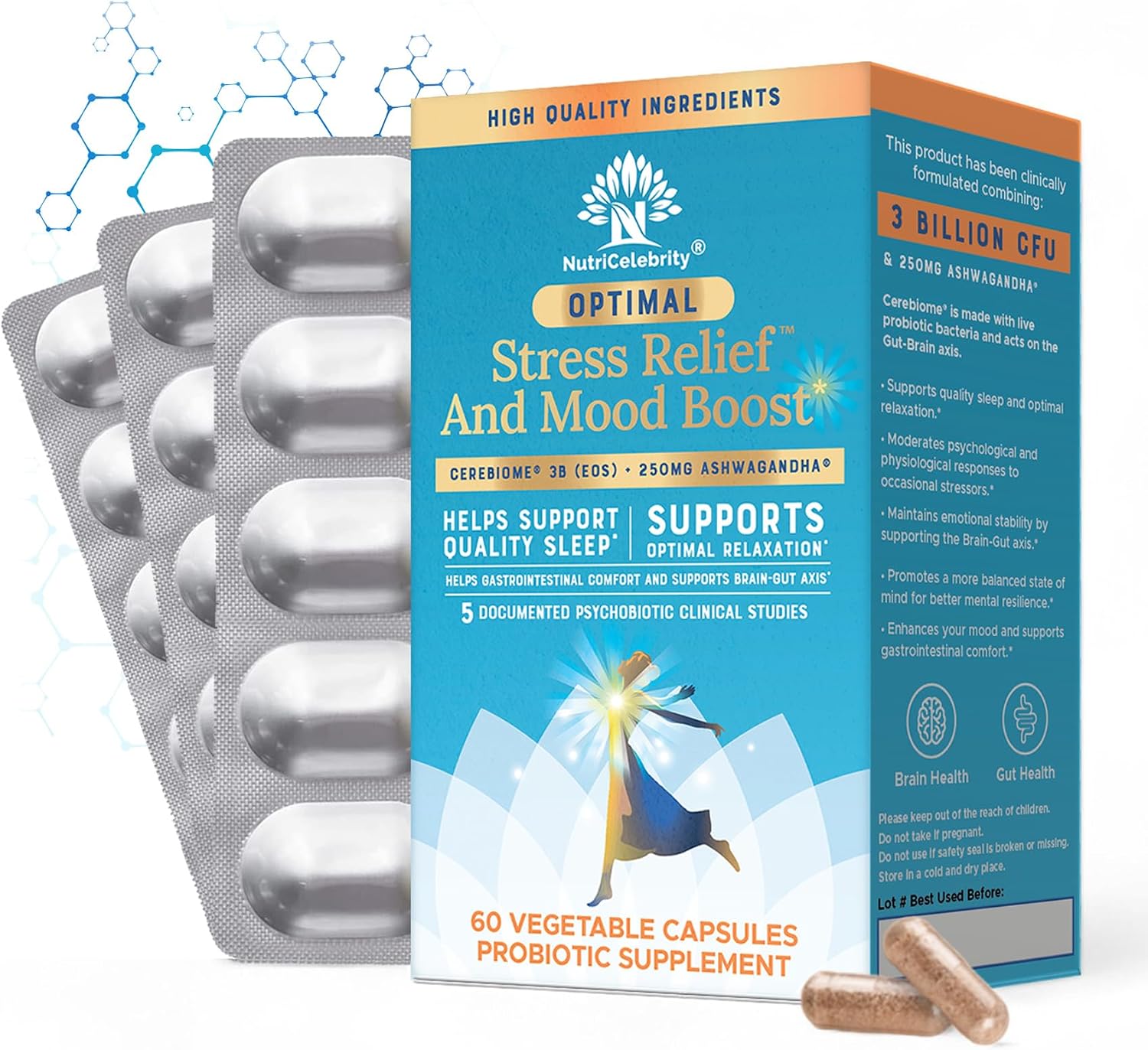 Nutricelebrity Optimal Stress Relief | Ashwagandha y Probióticos | 60 Cápsulas