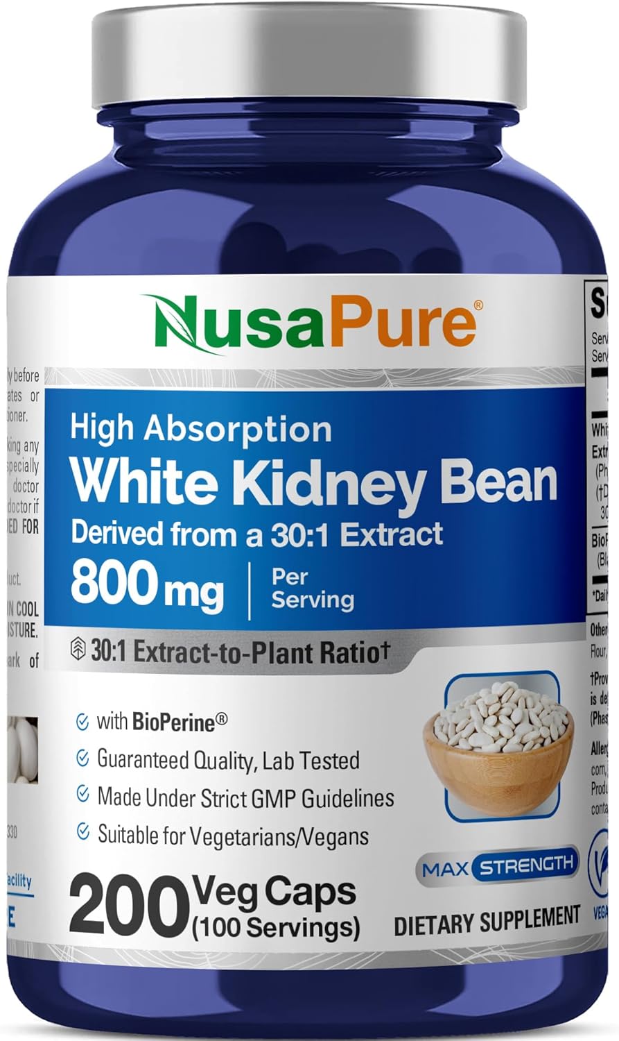 NusaPure Cápsulas de Judías Blancas, 800 mg, 200 Cápsulas Vegetales (Sin OGM, Vegano)
