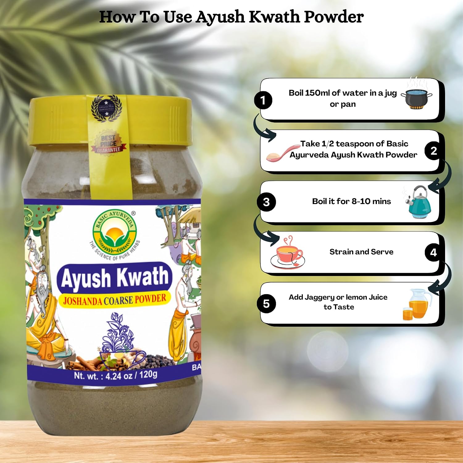 BASIC AYURVEDA Kwath Kadha Polvo Ayurvédico - Mezcla de Especias con Canela, Jengibre y Albahaca Santa - Infusión Herbal Orgánica - 120g