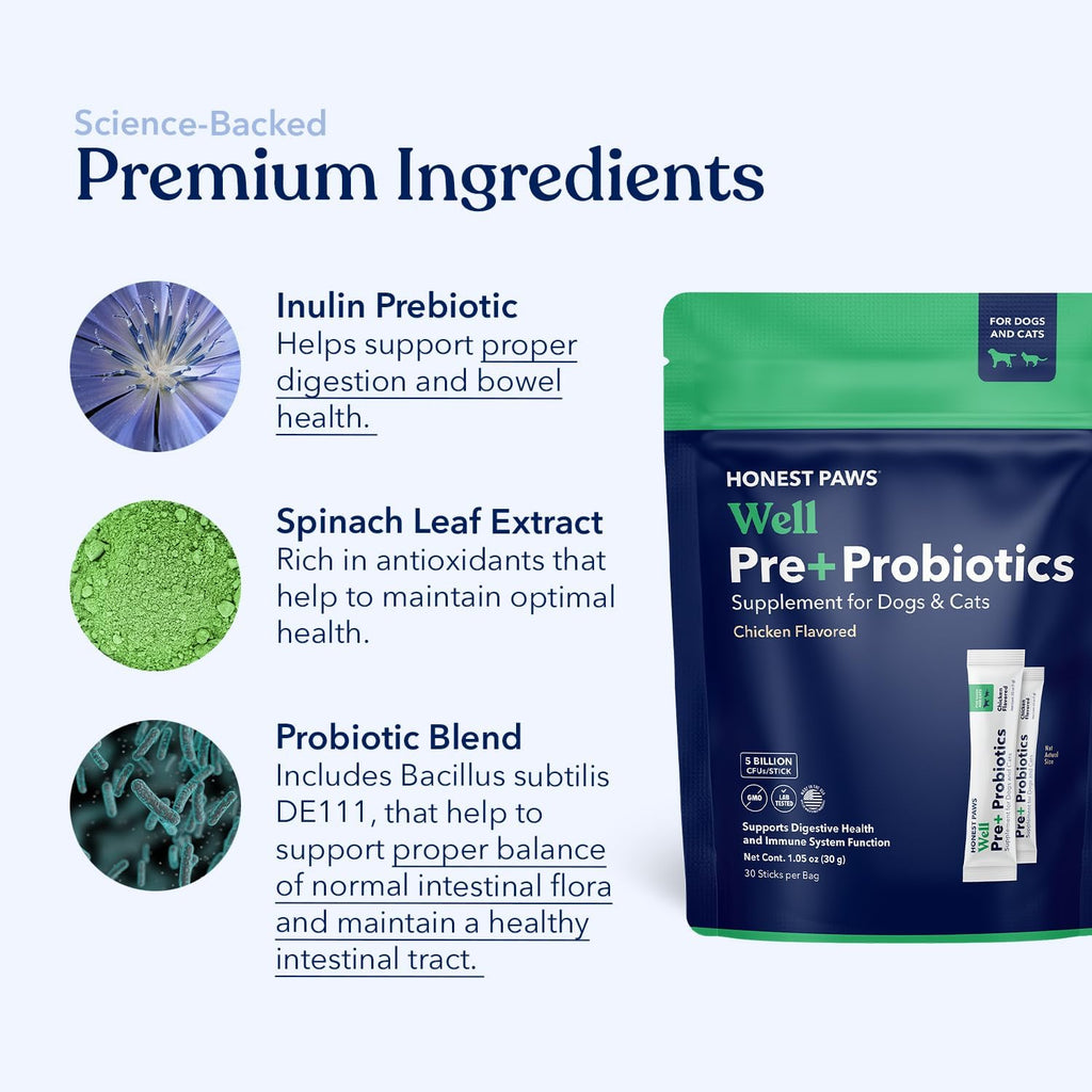Honest Paws Probióticos para perros - Apoyo digestivo e inmunitario con prebiótico, 30 sticks