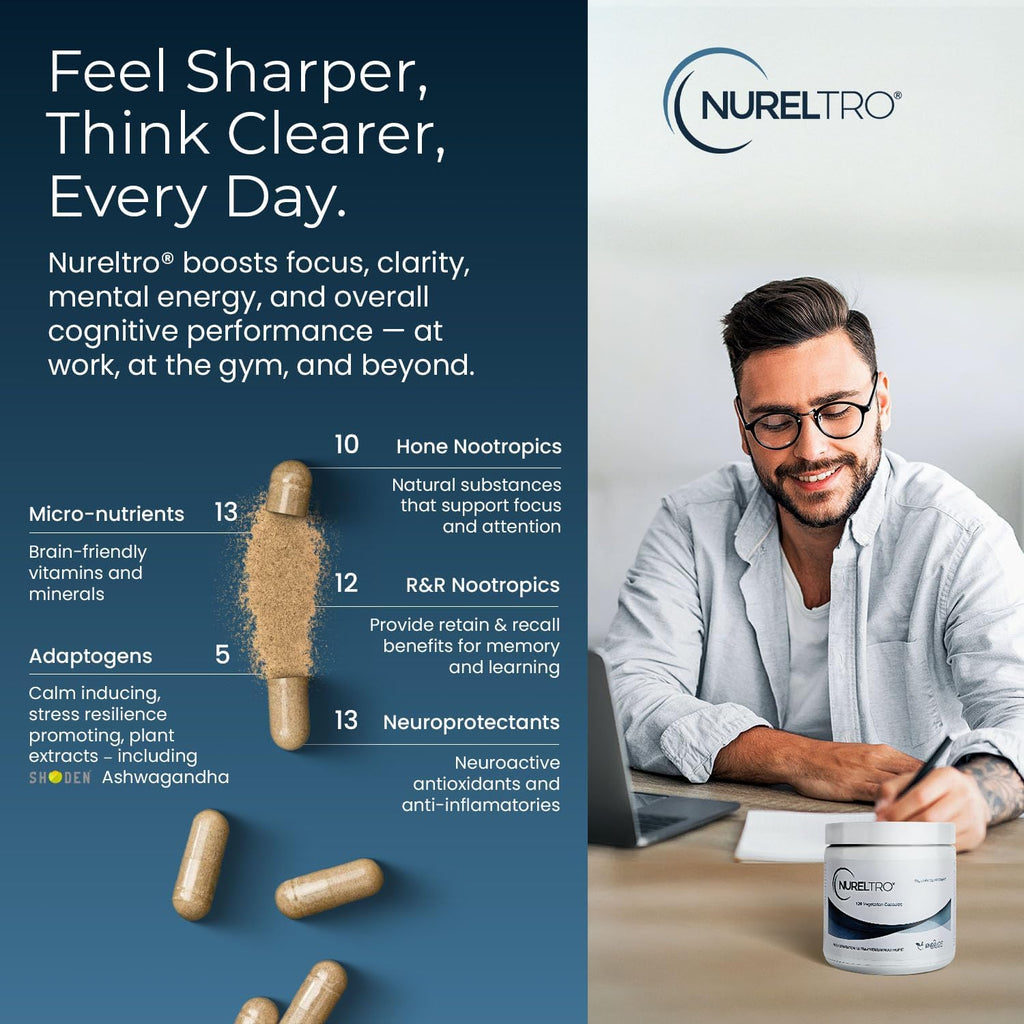 Nureltro Suplemento Nootrópico para el Cerebro con Shoden® Ashwagandha | Memoria, Foco, Estado de Ánimo | 120 Cápsulas