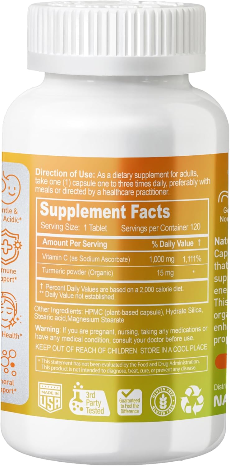 NATURION Vitamina C Tamponada 1000 mg con Cúrcuma Orgánica - 120 Cápsulas Veganas (120 Días de Suministro)