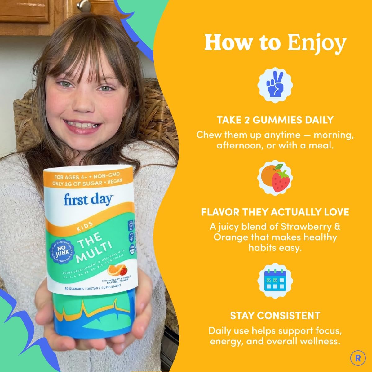FIRST DAY Kids Multivitamin Gummies - Gominolas multivitamínicas infantiles, fresa y naranja, 60 días