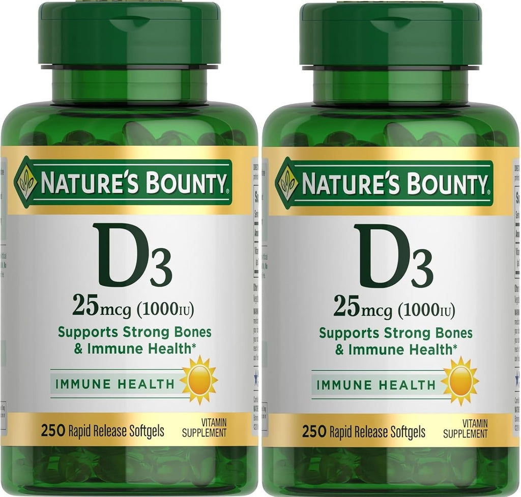 Nature's Bounty Vitamina D3 1000 UI, Cápsulas Blandas de Liberación Rápida, 250 uds (Paquete de 2)