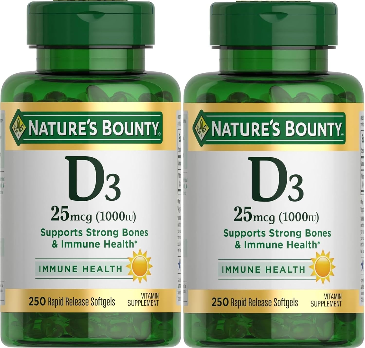 Nature's Bounty Vitamina D3 1000 UI, Cápsulas Blandas de Liberación Rápida, 250 uds (Paquete de 2)
