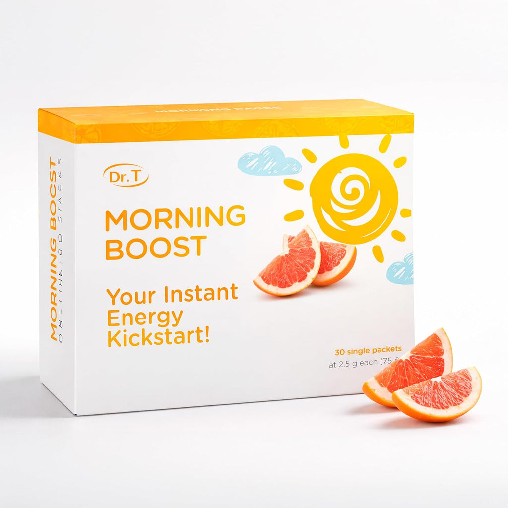 Dr. T Morning Boost – Fórmula Matutina – Sin Agua, Directo a la Boca – con Vitaminas C, B6, B12 y Extracto de Camu-Camu – Apoya Enfoque, Energía y Bienestar – Pomelo, 30 Packs