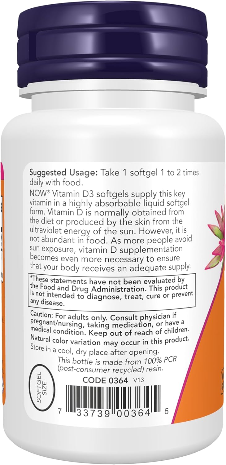 NOW Foods Vitamina D-3 400 UI, 180 Cápsulas Blandas