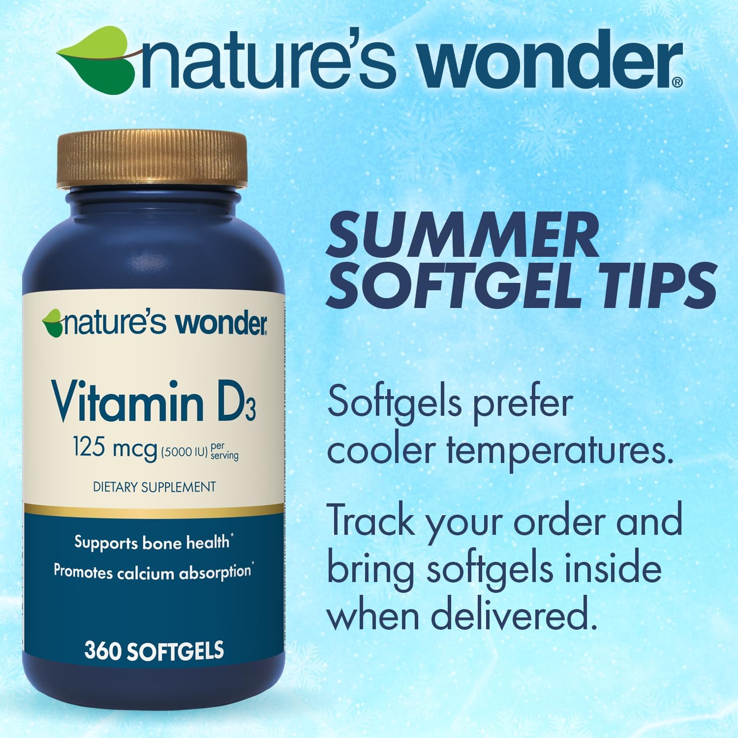 Nature's Wonder Vitamina D3 5000 UI (125 mcg) Alta Potencia, Suplemento para la Salud Ósea e Inmunidad, Sin Gluten, 360 Cápsulas Blandas, Suministro para 1 Año