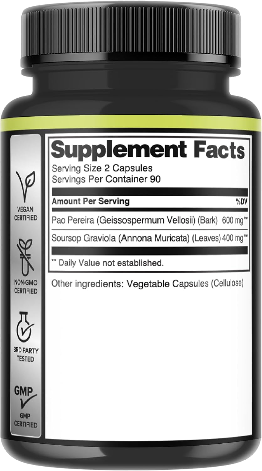 180 Cápsulas - Extracto de Pao Pereira 10:1 (600mg) con Graviola (400mg) - Fórmula Combinada