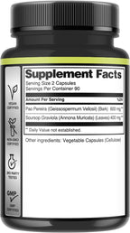 180 Cápsulas - Extracto de Pao Pereira 10:1 (600mg) con Graviola (400mg) - Fórmula Combinada