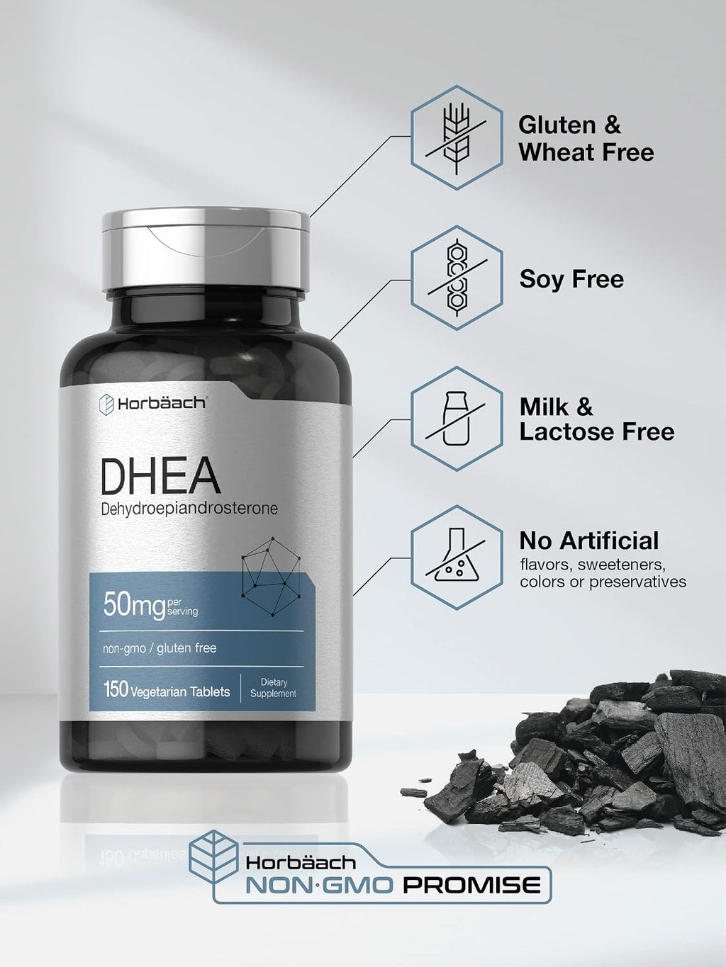 Horbäach DHEA 50mg | 150 Comprimidos | Suplemento No-GMO, Sin Gluten