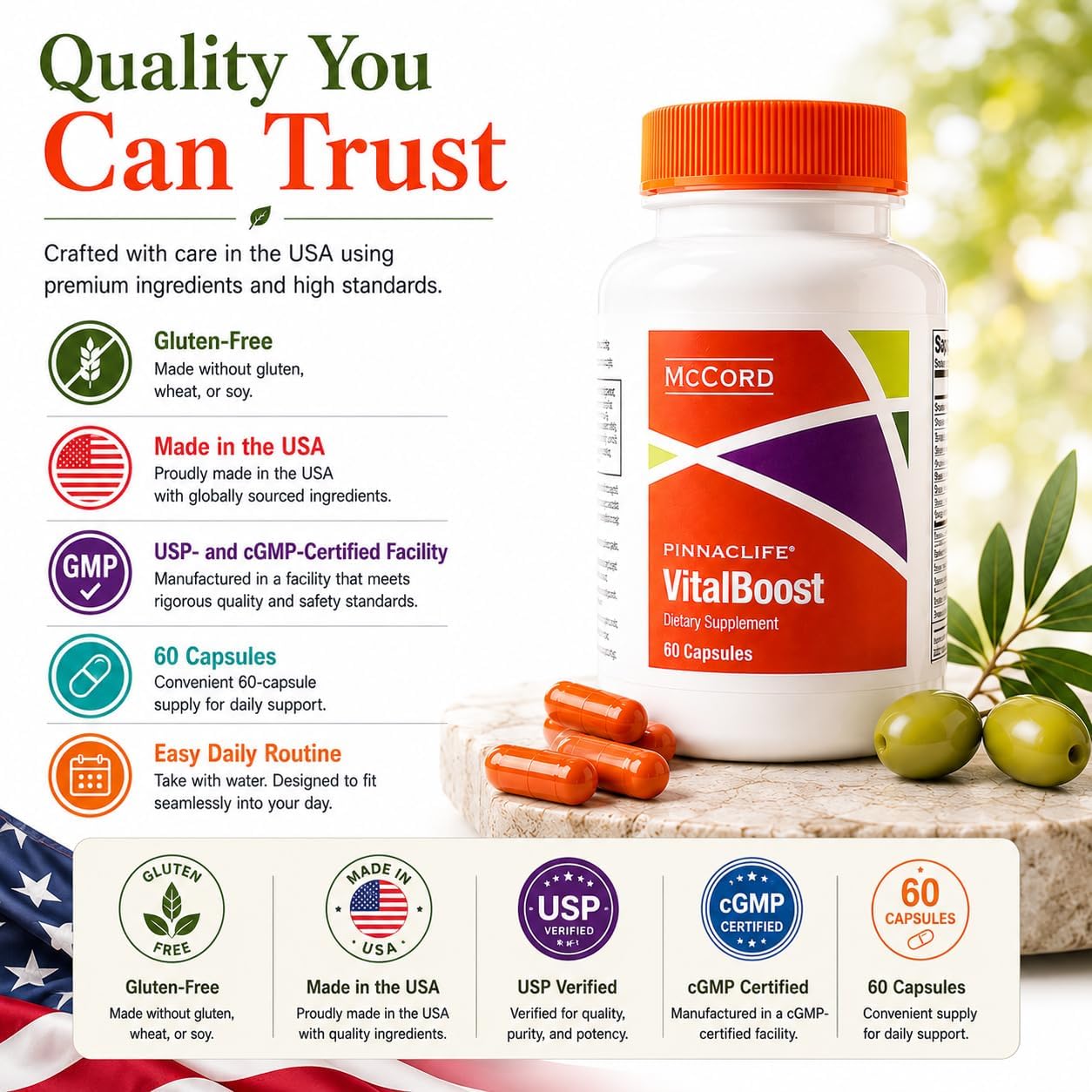 McCord VitalBoost: Complemento de Energía, Memoria e Inmunidad con Vitamina D3, Magnesio, Zinc y Olivamina - 60 Cápsulas