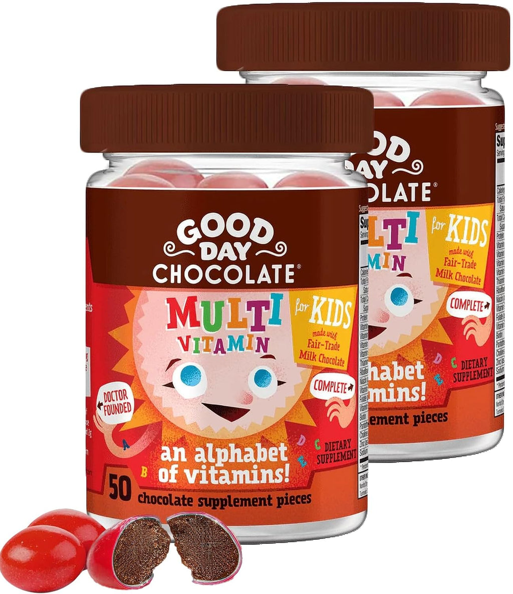 Good Day Chocolate Multivitamínico Completo para Niños – Suplemento Diario con Vitaminas A, B6, B12, C, D, E, Folato y Biotina, Chocolate de Comercio Justo y Sin OGM, 50 Piezas