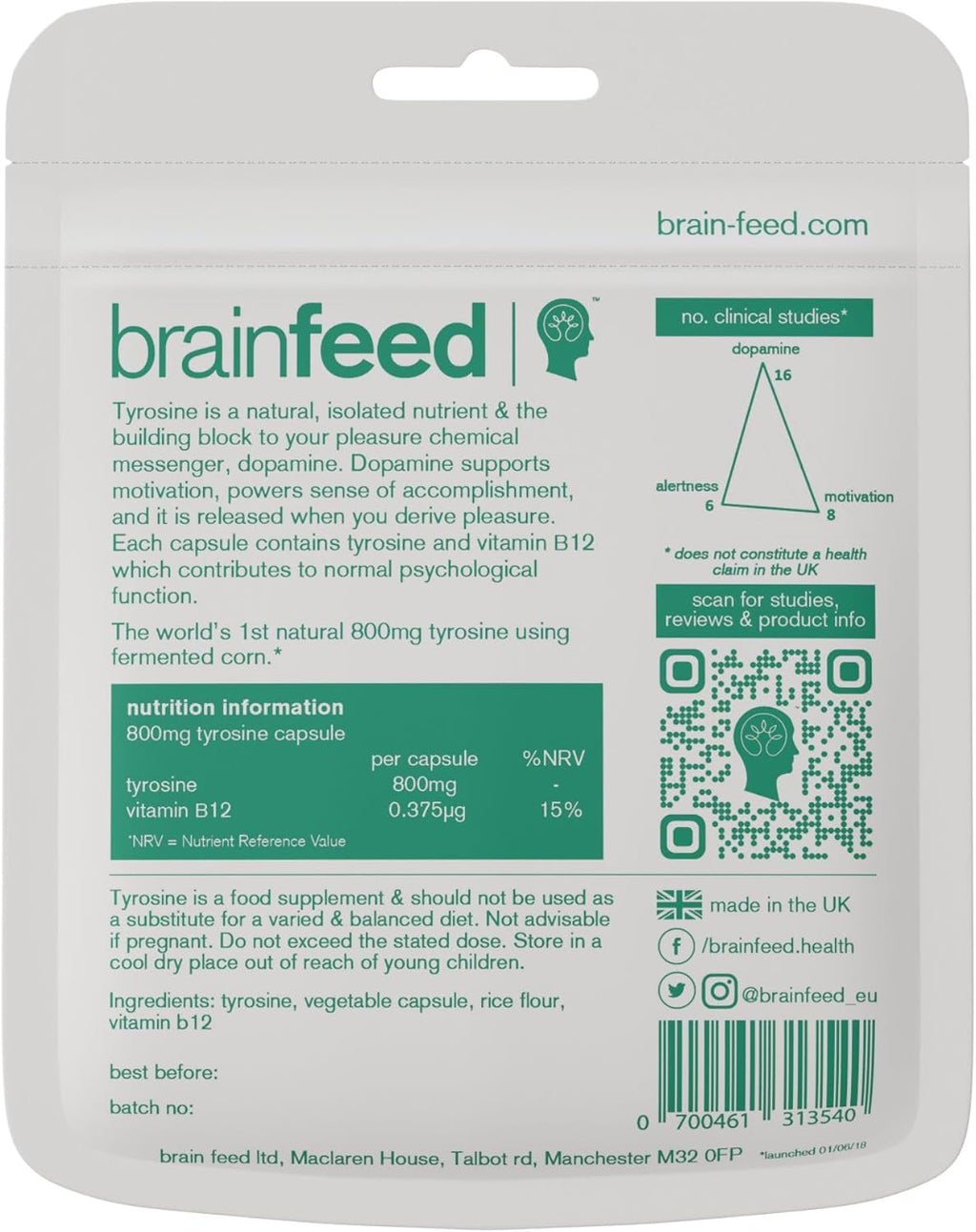 brain feed Suplemento de L-Tirosina 800mg, 60 Cápsulas Veganas
