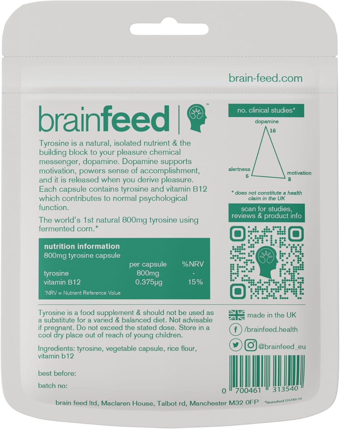 brain feed Suplemento de L-Tirosina 800mg, 60 Cápsulas Veganas