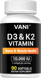 VANI Vitamins D3 + K2 (MK-7) 10000 UI 200 mcg, 90 Cápsulas Blandas