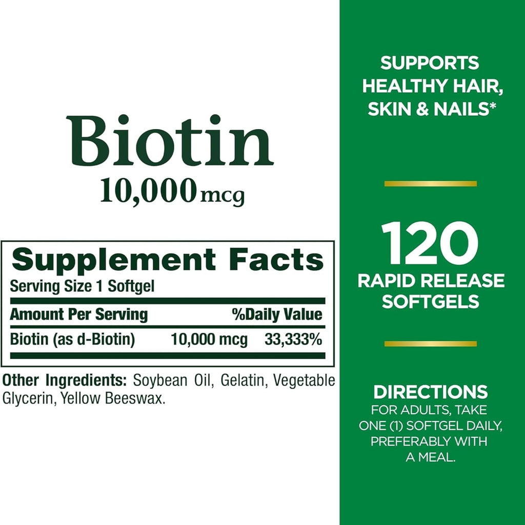 Nature's Bounty Biotina 10000 mcg Ultra Strength - 120 Cápsulas Blandas (Paquete de 4)