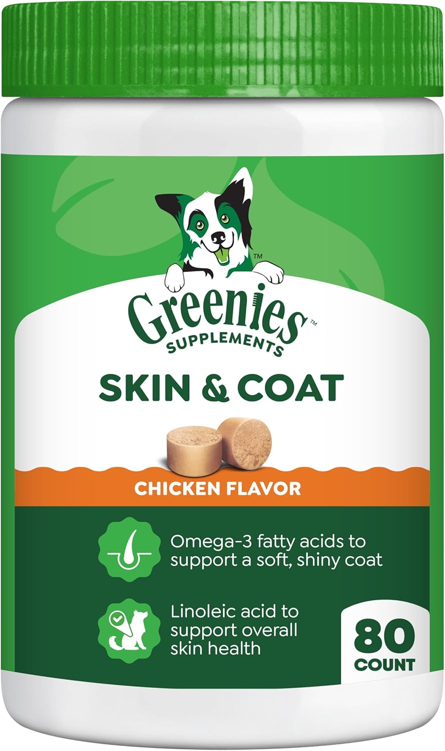 Greenies Suplemento para Perros Piel y Pelaje con Aceite de Pescado y Omega 3, Sabor a Pollo, Gomitas Blandas, Tarro de 417 g, 80 unidades
