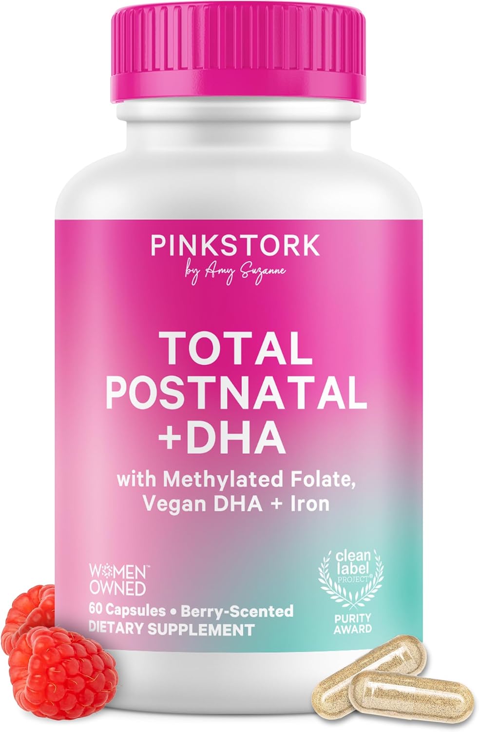 Pink Stork Total Postnatal - Vitaminas posnatales con DHA de algas, folato metilado y hierro - 60 cápsulas