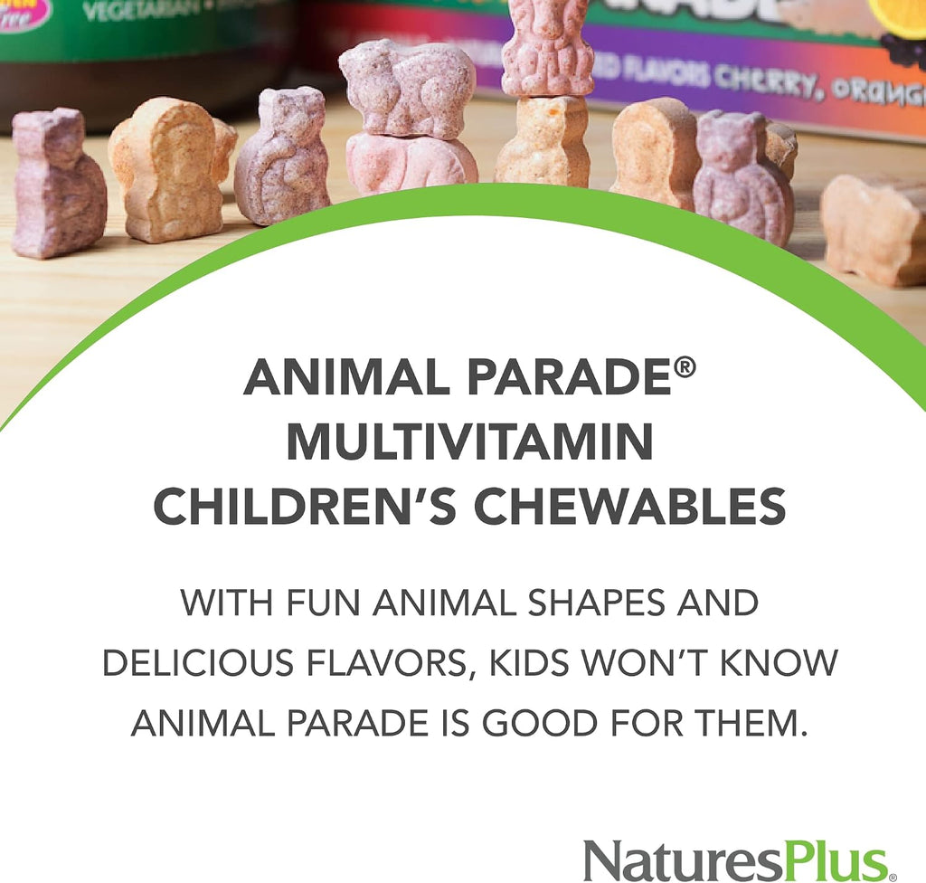NaturesPlus Animal Parade Multivitamin for Kids Chewable Tablets - Cherry Flavor - 90 Animal-Shaped Tablets - Vegetarian, Gluten-Free