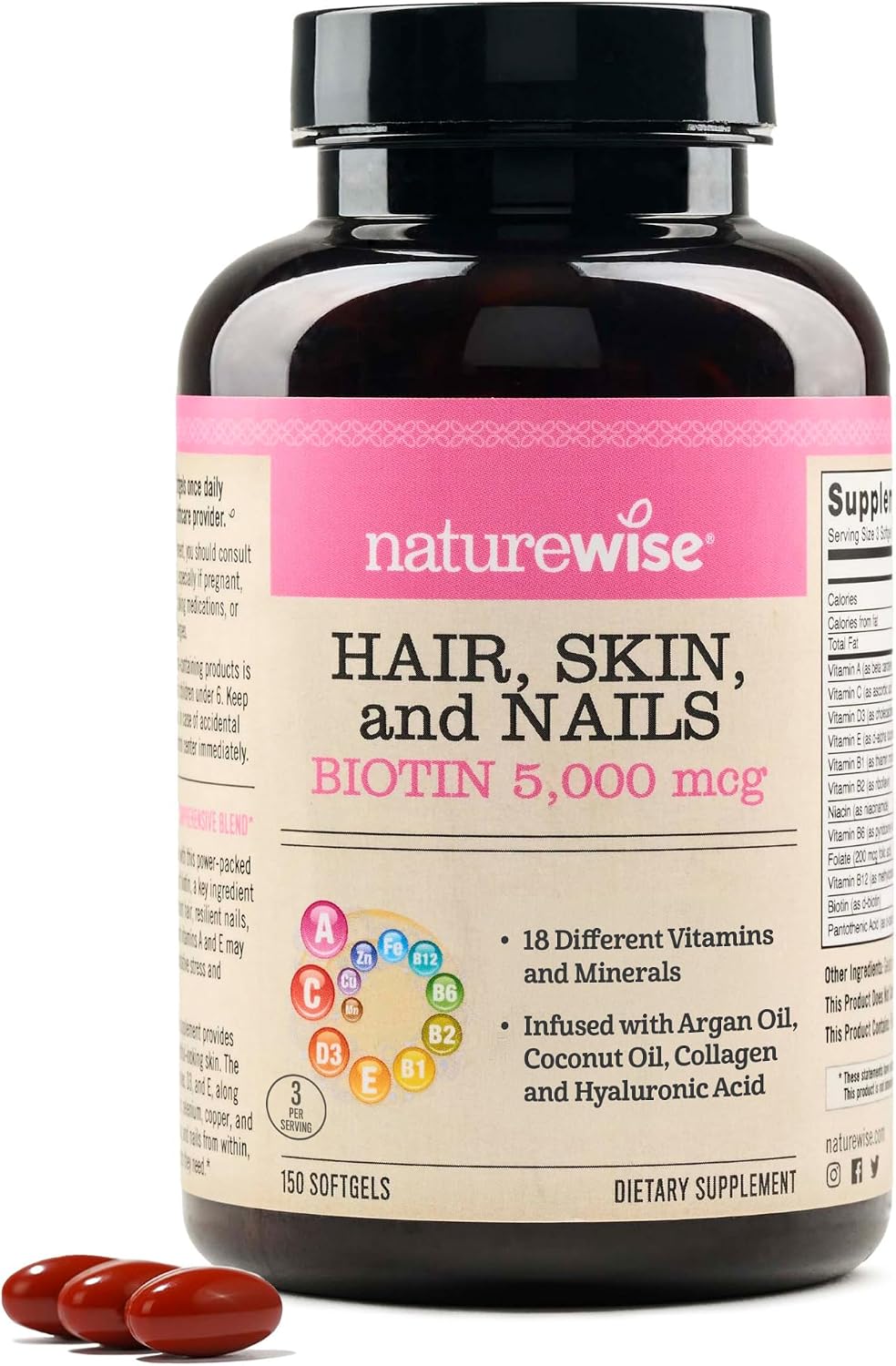 NatureWise Biotina 5000mcg para Cabello, Piel y Uñas con Ácido Hialurónico y Colágeno - 150 Cápsulas