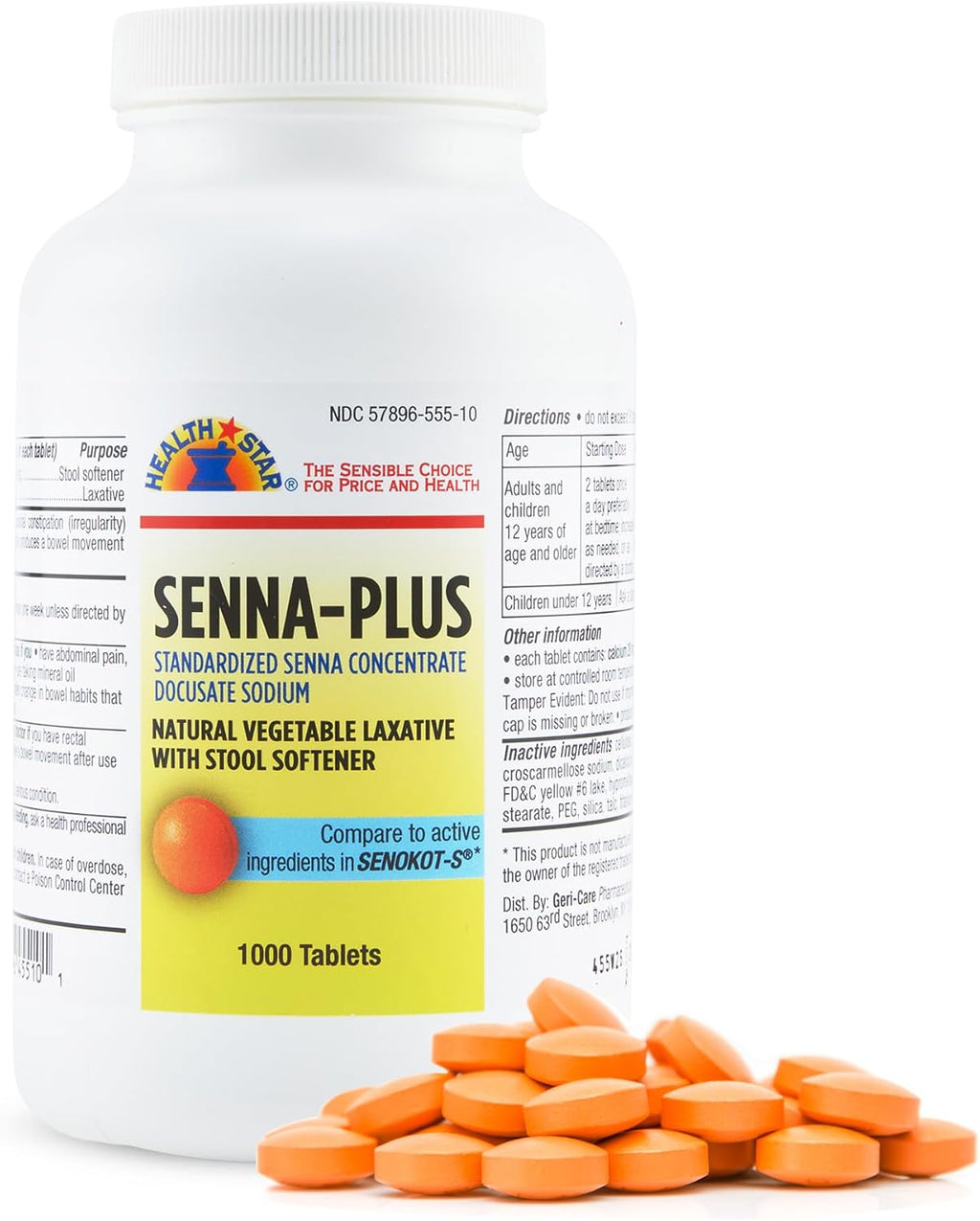Health Star Senna Plus Laxante y Ablandador de Heces, 1000 Comprimidos