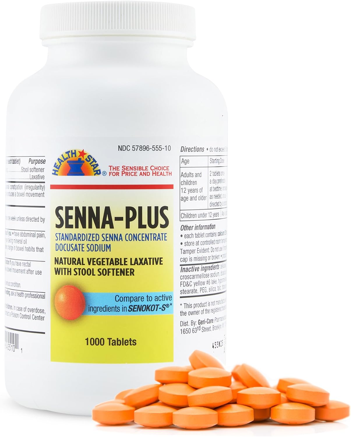 Health Star Senna Plus Laxante y Ablandador de Heces, 1000 Comprimidos