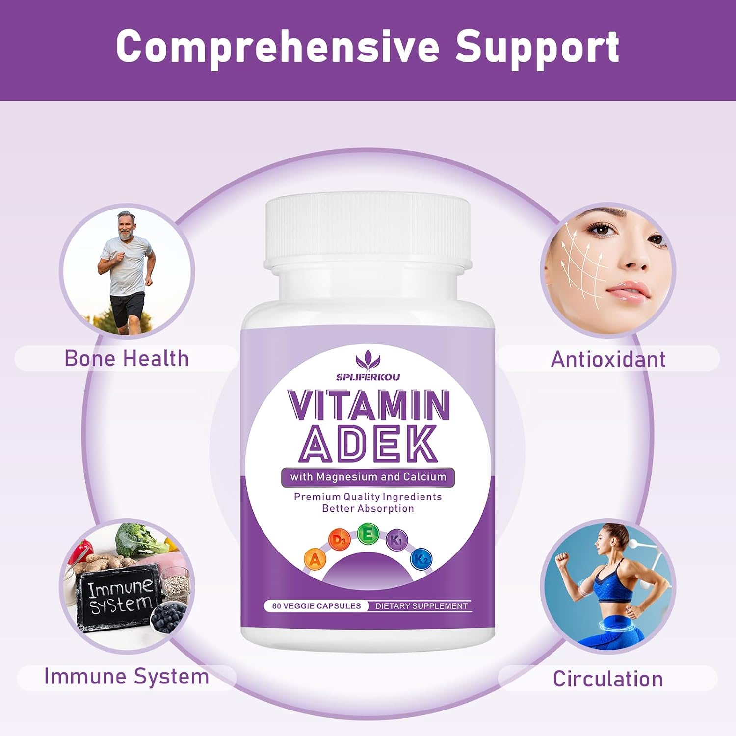 ADEK Vitaminas Complemento: A + D3 + E + K1 + K2 con Minerales y Antioxidantes, Sin Gluten, 60 Cápsulas