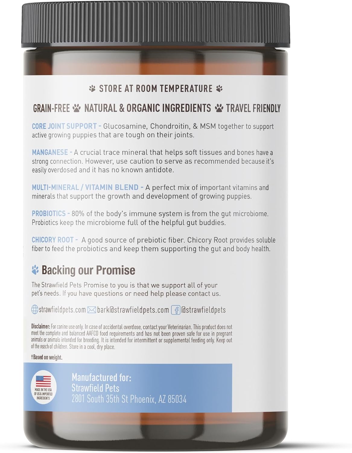 Strawfield Pets' Multivitamínico + Probióticos para Cachorros - Apoyo Articular y Digestivo - Sabor Bacon - 120 Masticables Blandas