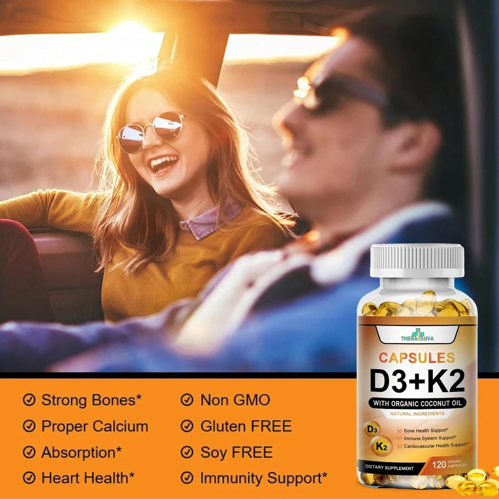 TheraSuva Vitamina D3 5.000 UI + K2 de Alta Potencia – Vegano, No-GMO, con Aceite de Coco Orgánico – Apoyo Óseo y Cardíaco, 120 Cápsulas Blandas