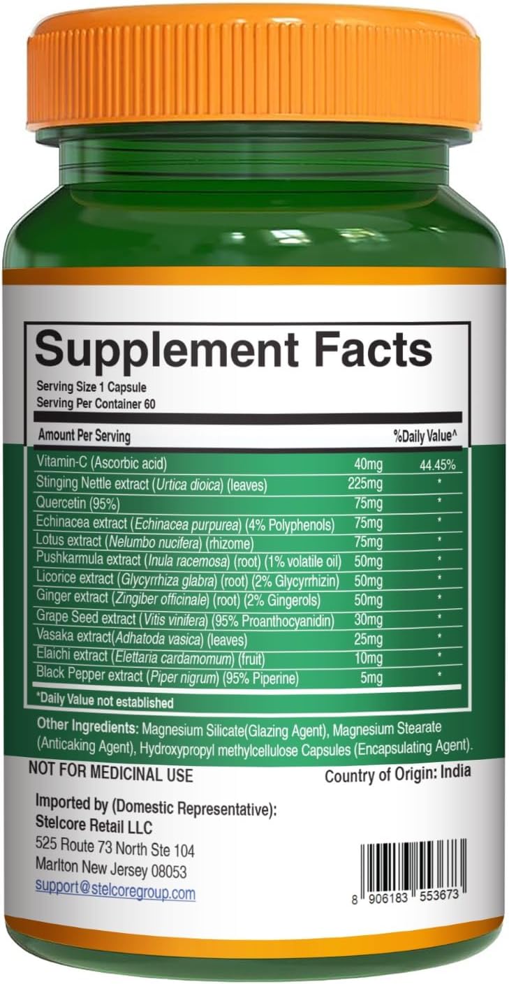 Pure Nutrition Lung Health Supplement | 60 Cápsulas | Fórmula Herbal de Apoyo Pulmonar con Quercetina, Vitamina C, Ortiga, Vasaka, Loto, Regaliz y Jengibre
