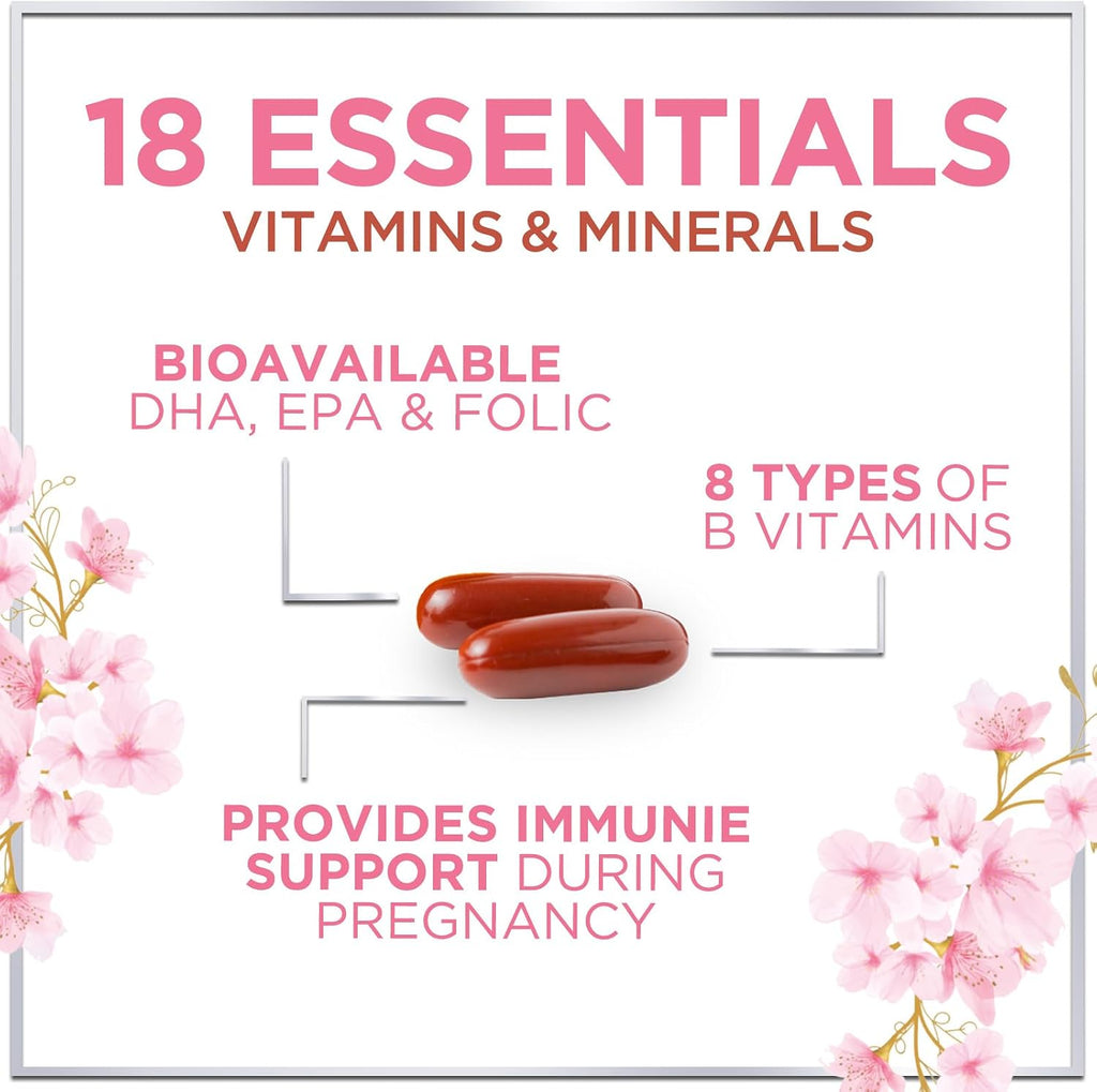 Vitaminas Prenatales con Ácido Fólico + Omega 3 DHA - 60 Cápsulas Blandas